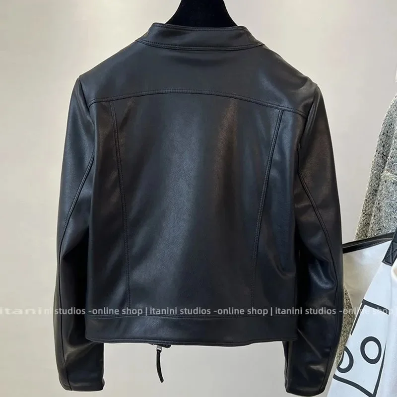 Spring Autumn Femme Fashion Stand Collar Leather Coat 2025 Women Zipper PU Leather Jacket Korean Ladies Short Faux Leather Top