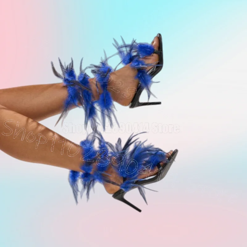 

Blue Feather Design Open Toe Twine Sandals Slip On Women Shoes Thin High Heels New Party Banquet Dating 2026 Zapatos Para Mujere