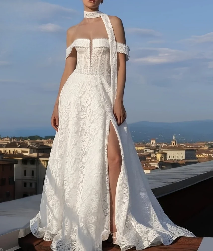 Customized Chic Halter Scarf Off Shoulder Lace A Line Wedding Dress High Slit Zipper Back Sweep Train Floor Elegant Bridal Gown