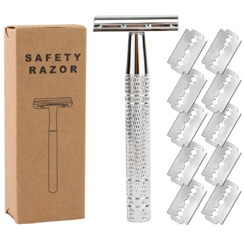 Klassischer manueller Rasierer mit 10 Rasierklingen, Doppelkanten-Sicherheitsrasierer aus Aluminium für die Rasur von Männern und Haarentfernungswerkzeug für Frauen