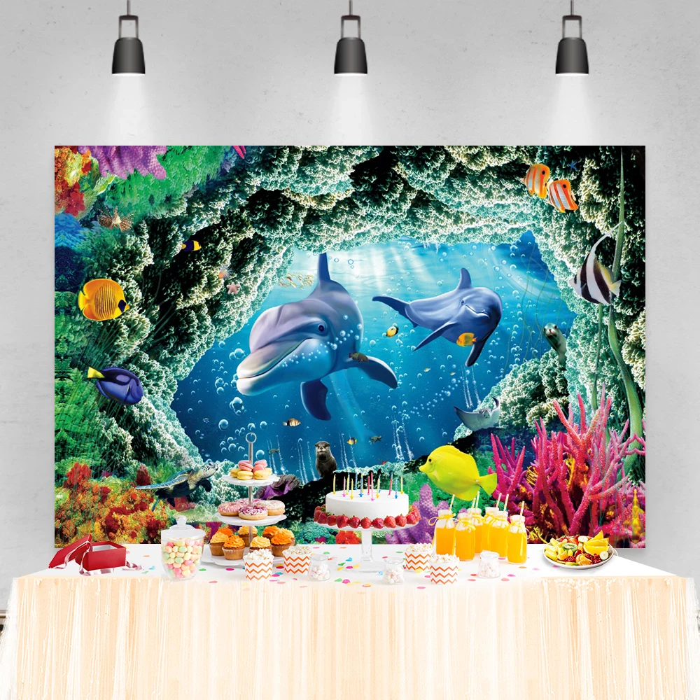 Laeacco Latar Belakang Dasar Laut Kartun Ikan Pesta Ulang Tahun Cangkang Karang Musim Panas Pola Bayi Anak Fotografi Latar Belakang Studio Foto