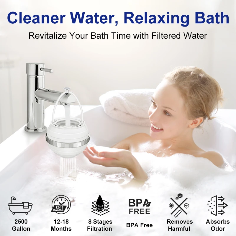 Purificador de agua con filtro de bola de baño, filtración de 8 etapas, portátil, elimina el cloro para una piel y cabello más saludables