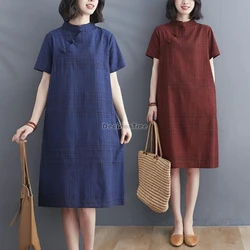 2026 vintage summer loose improved qipao dress short sleeved button up cotton hemp vestido graceful daily chinese style clothing