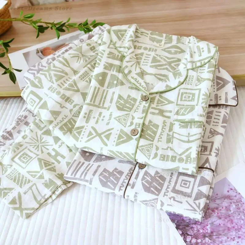 

Cotton Pajama Set for Women Men Print 2Pcs Sleepwear Homewear Spring Autum New Long Sleeve Trouser Suits Loungewear Nightwear