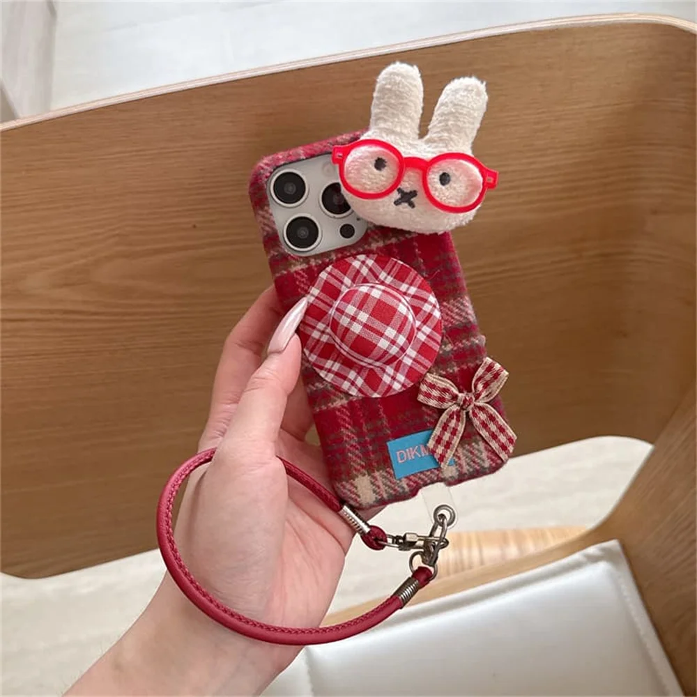Kawaii Vintage Red Plaid Fluffy Phone Case for iPhone 18 17 16 15 Pro Max Plush miffy Cute Cover With Wrist Strap Korea Fundas