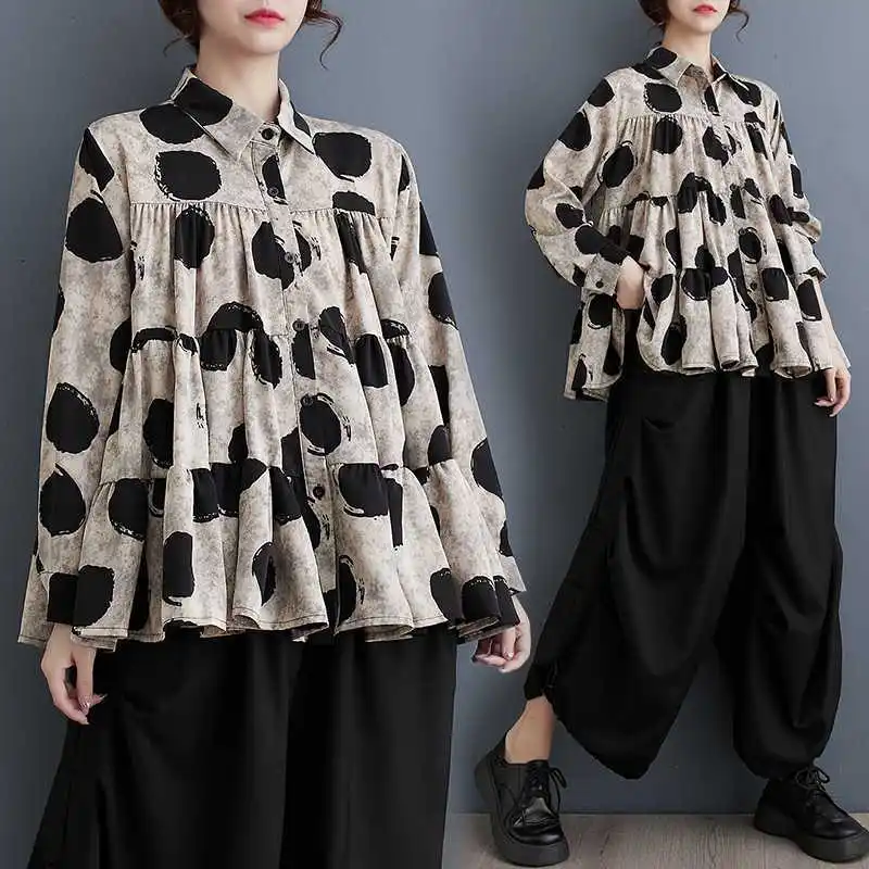 

Women Print Shirts Single Breasted Loose Folds T Shirt Casual Turn Down Collar Blouses Button Long Sleeve Elegant Lady Autumn