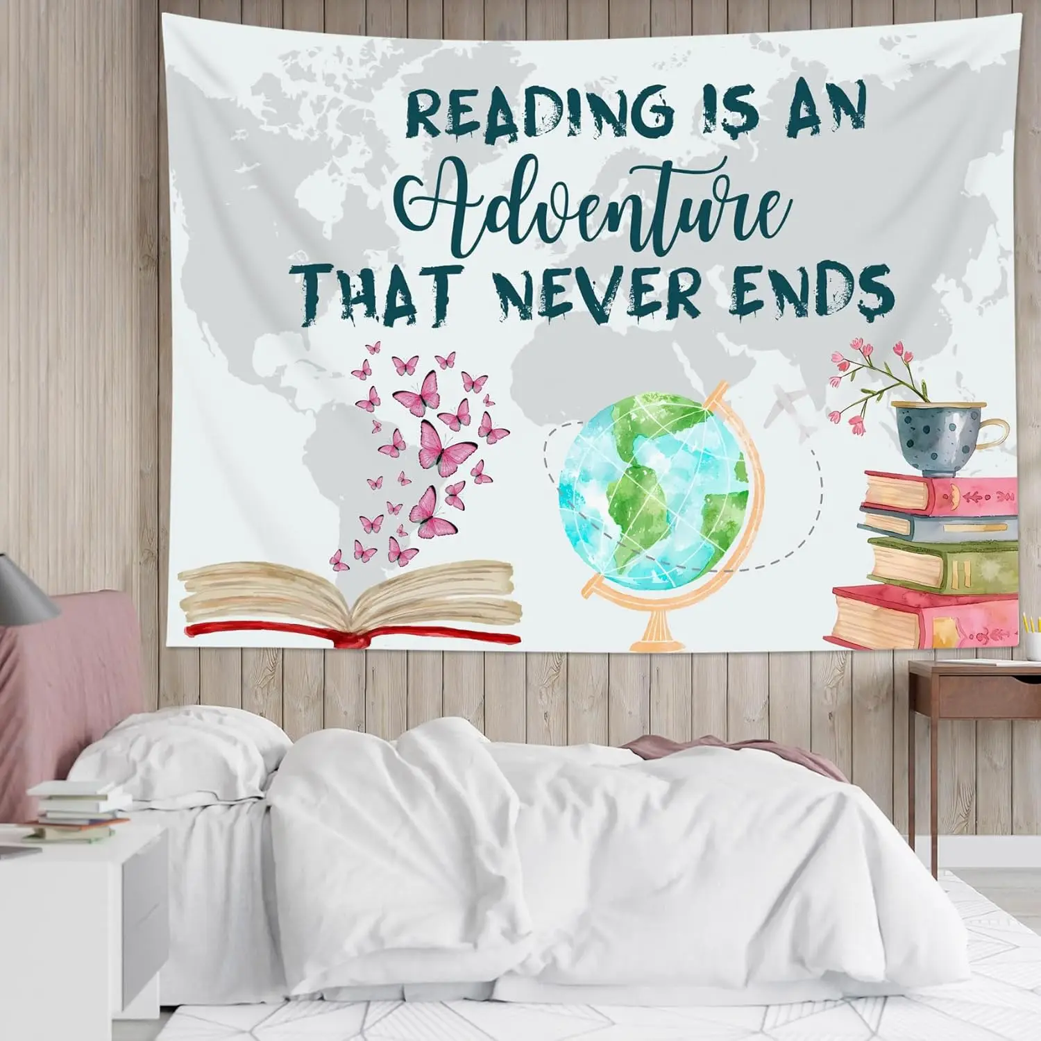 نسيج قراءة الفصل الدراسي على شكل فراشة وردية وخريطة العالم مع اقتباسات ملهمة، نسيج لغرفة النوم الجمالية