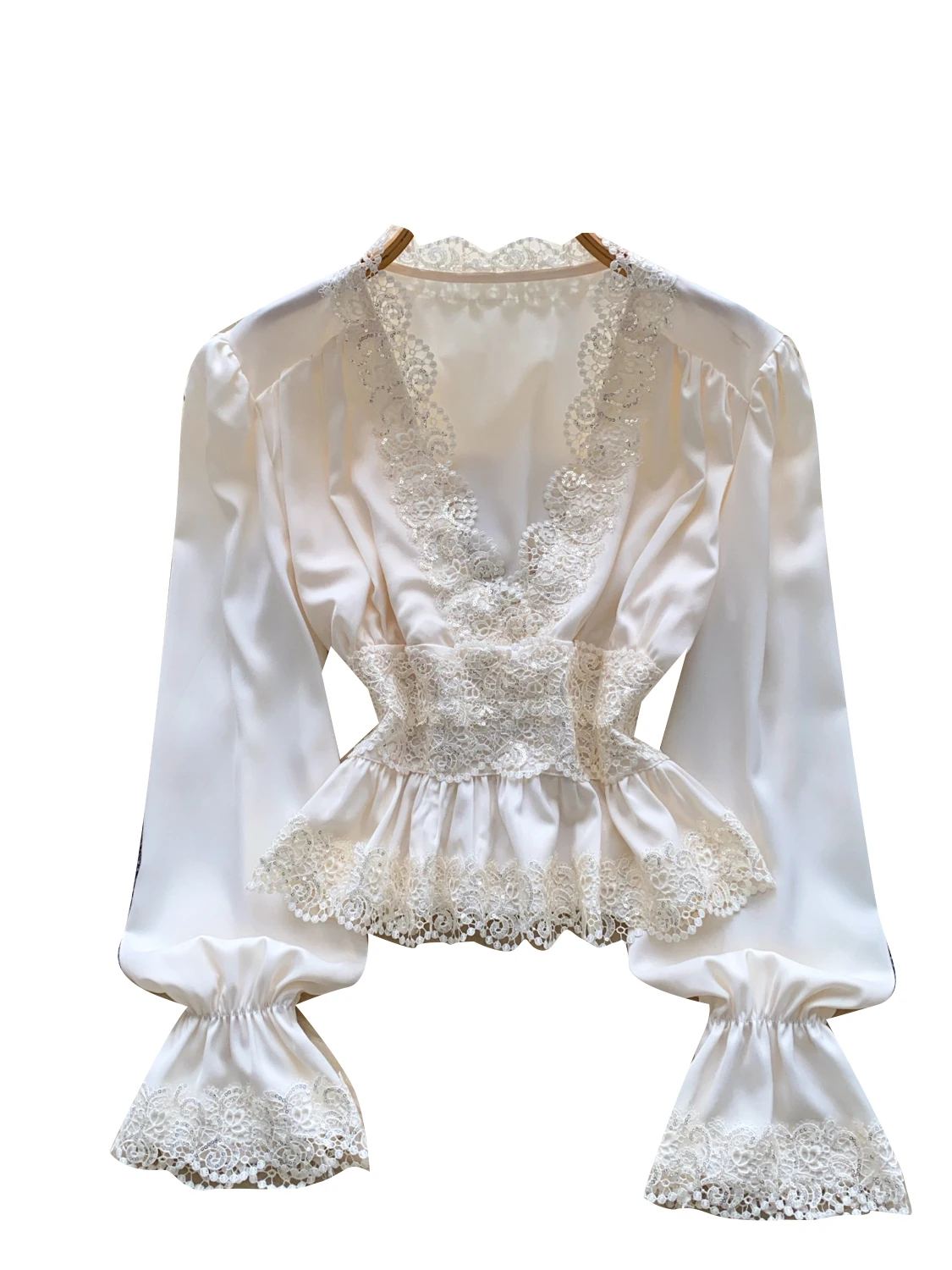 Retro V-hals Pailletten Kant Splitsen Uitlopende Sve irt Dames Herfst Hoogwaardige Taille-cinching Zijden Top Koreaanse Sle losse Fit
