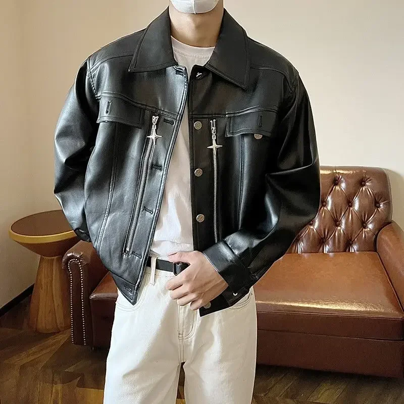 

Men's Jacket Autumn PU Leather Turn Down Collar Solid Color Zipper Retro Loose Single Breasted Long Sleeves Motorcycle Jackets