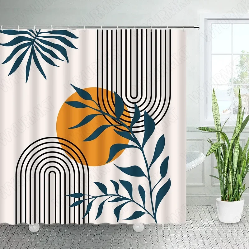 Abstract Mid Century Shower Curtain for Bathroom Decor Modern Boho Minimalistic Semicircle Curve Aesthetic Fabric Bath Curtains