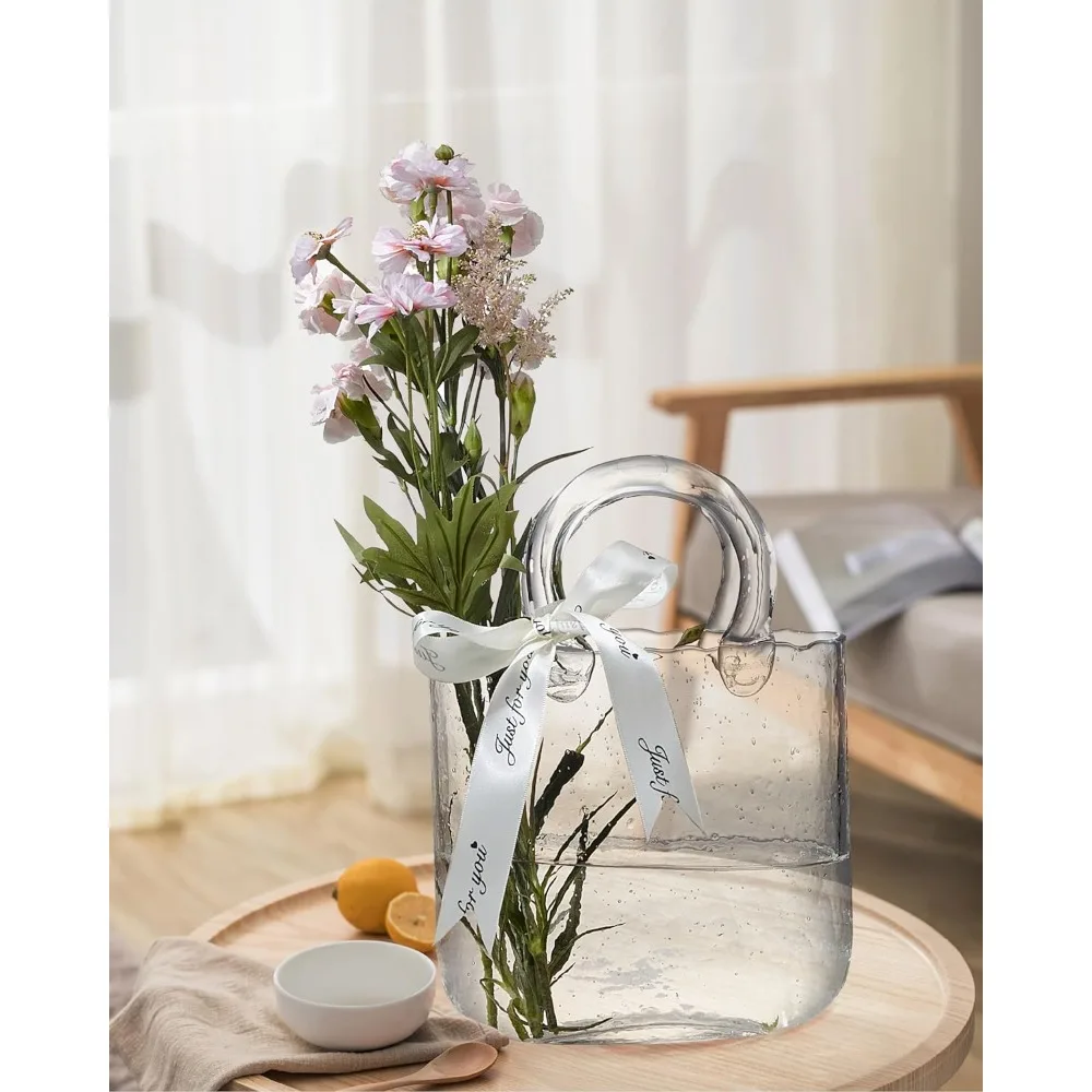 Purse vase with Fish Bowl, Handbag Shape Flower vase - for Home Décor, enterpiece, Events, Office, Garden Wedding (Transparent)