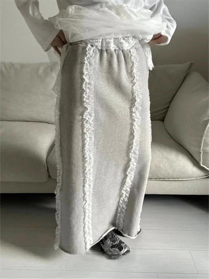 여성용 신축성 있는 허리 밴드 슬릿 레이스 트림 장식 스커트 하이 웨이스트 롱 스커트 다용도 기타 소재