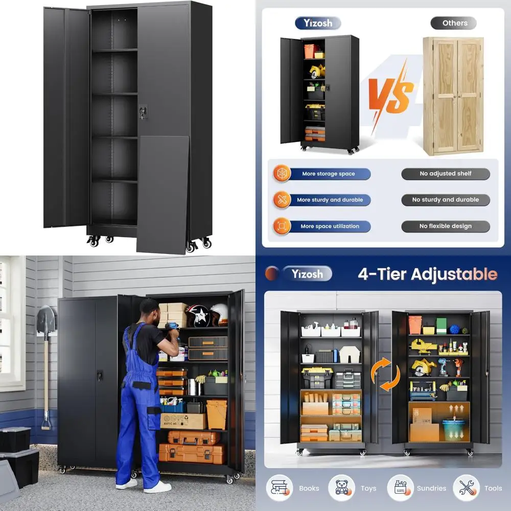 Adjustable-shelf Steel Storage Cabinet with Locking Doors, 75 Rolling Tool Cabinet for Home/Office Use