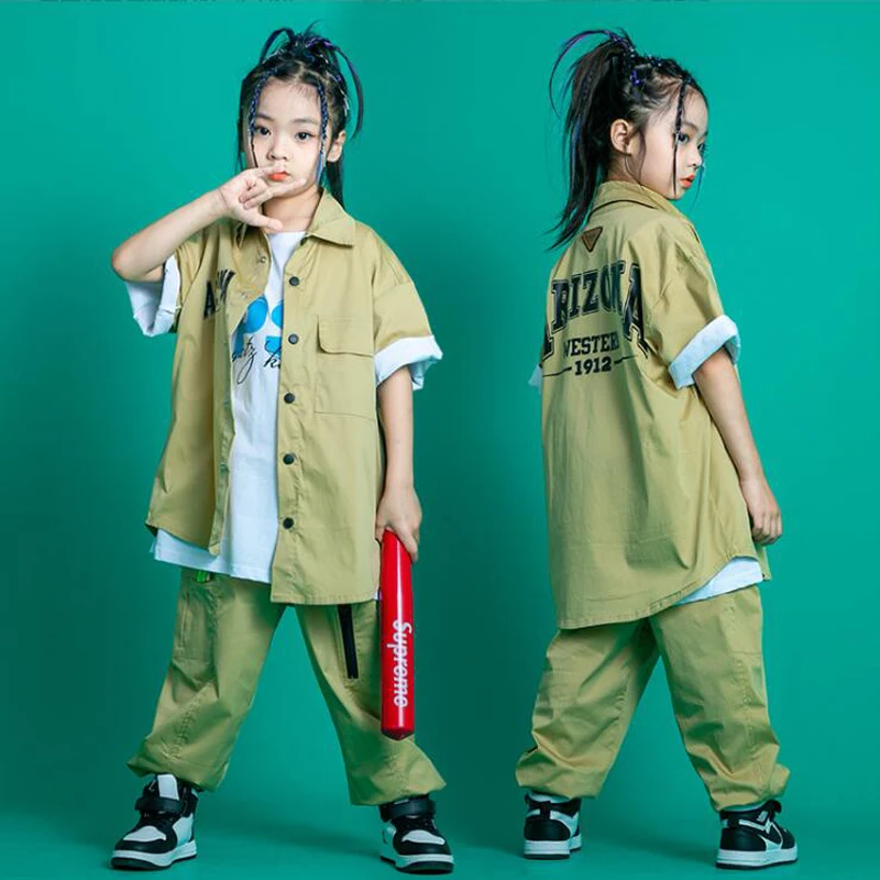 Kids Kpop Hip Hop Clothing Khaki Cardigan Baseball Shirt Tops Summer Cargo Shorts Pants For Girl Boys Jazz Dance Costume Clothes