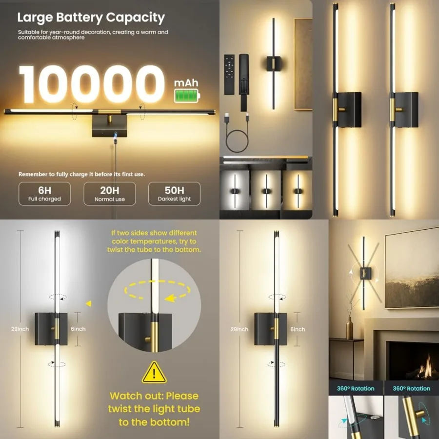 

Battery Operated Wall Sconces Set of Two, 10000mAh Rechargeable Wall Lights with Remote Control, 360° Rotate Dimmable LED Cordl