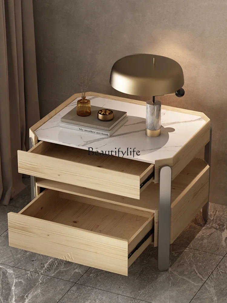 Italian light luxury bedside table solid wood mini rock slab large size narrow bedside table