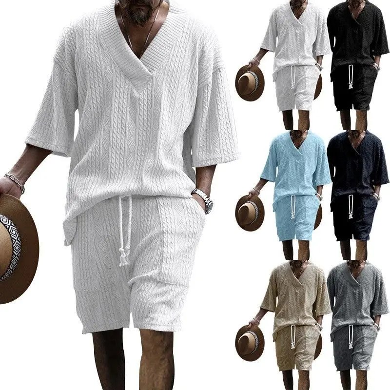 

2025 Spring and Summer New Casual Loose Seven-quarter Sleeve Jacquard Knitted Sweater Top Shorts Sports Fashion Men's Suit