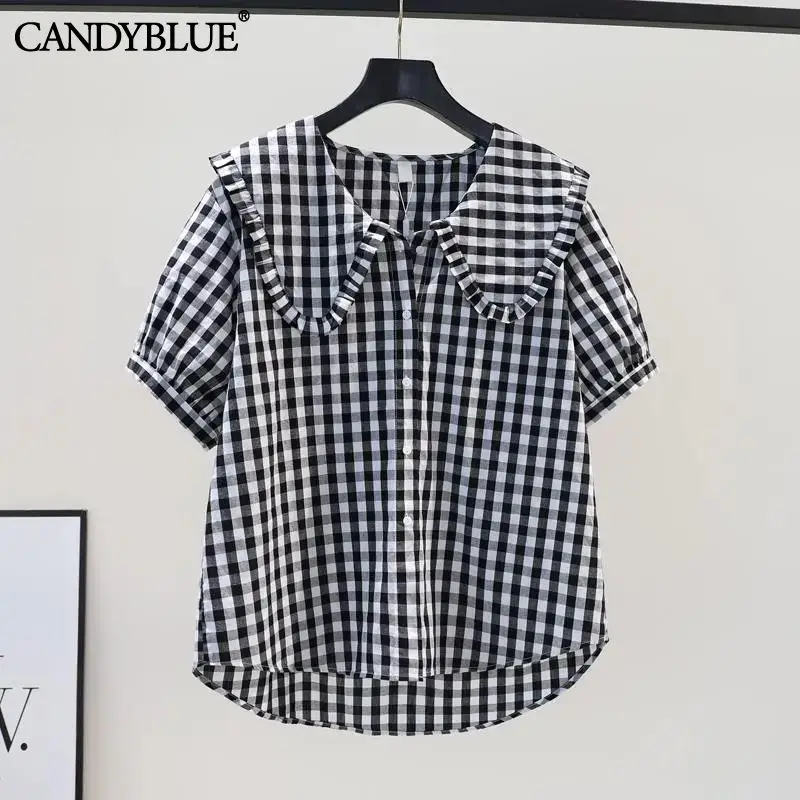 Black And White Plaid Doll Collar Shirt Women's Spring/Summer 2023 Korean Version Retro Style Loose Casual Short-Sleeved Shirt