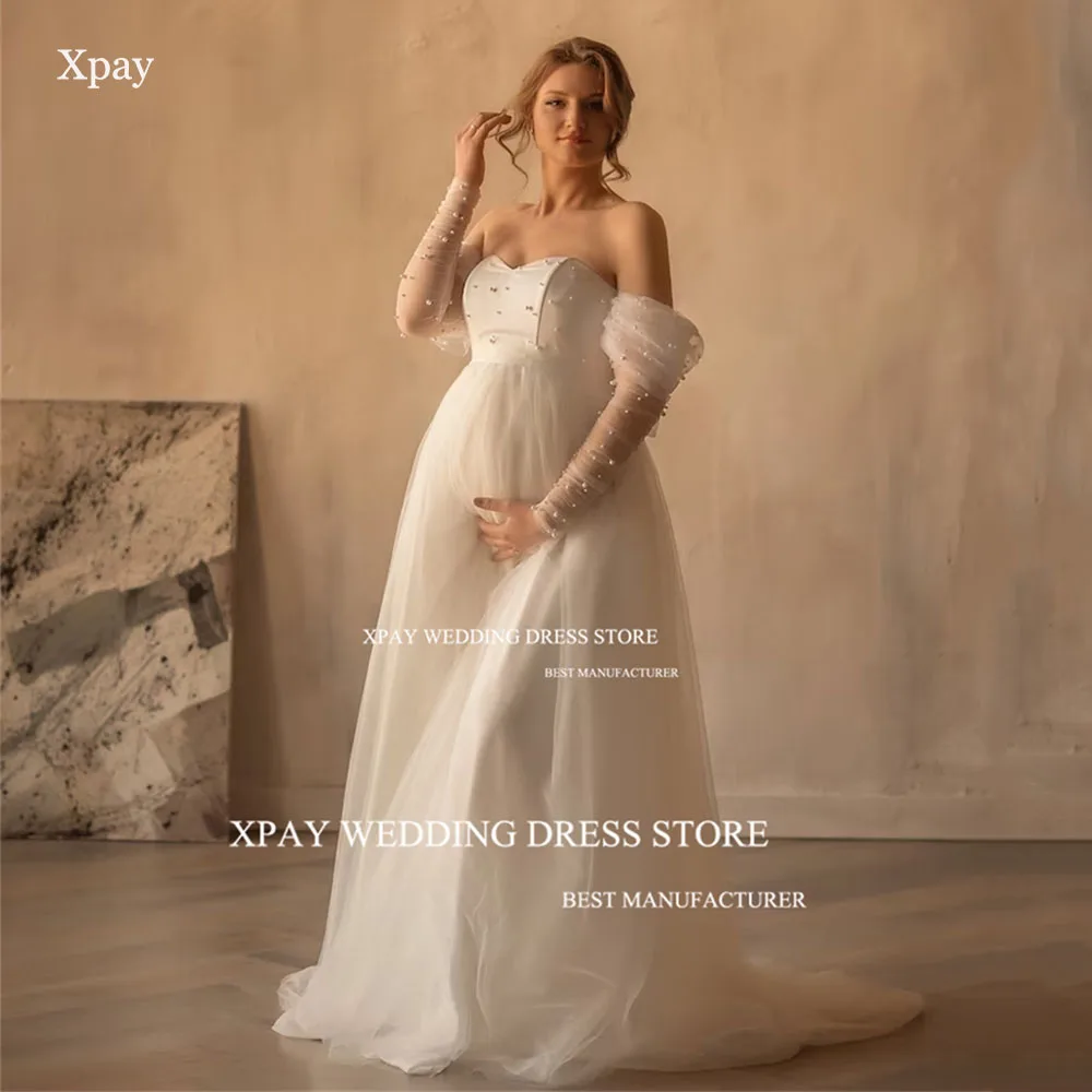 

XPAY Elegant Sweetheart A Line Evening Party Dresses Pregnant Pearls Off Shoulder Long Sleeves Satin Tulle Wedding Party Gown