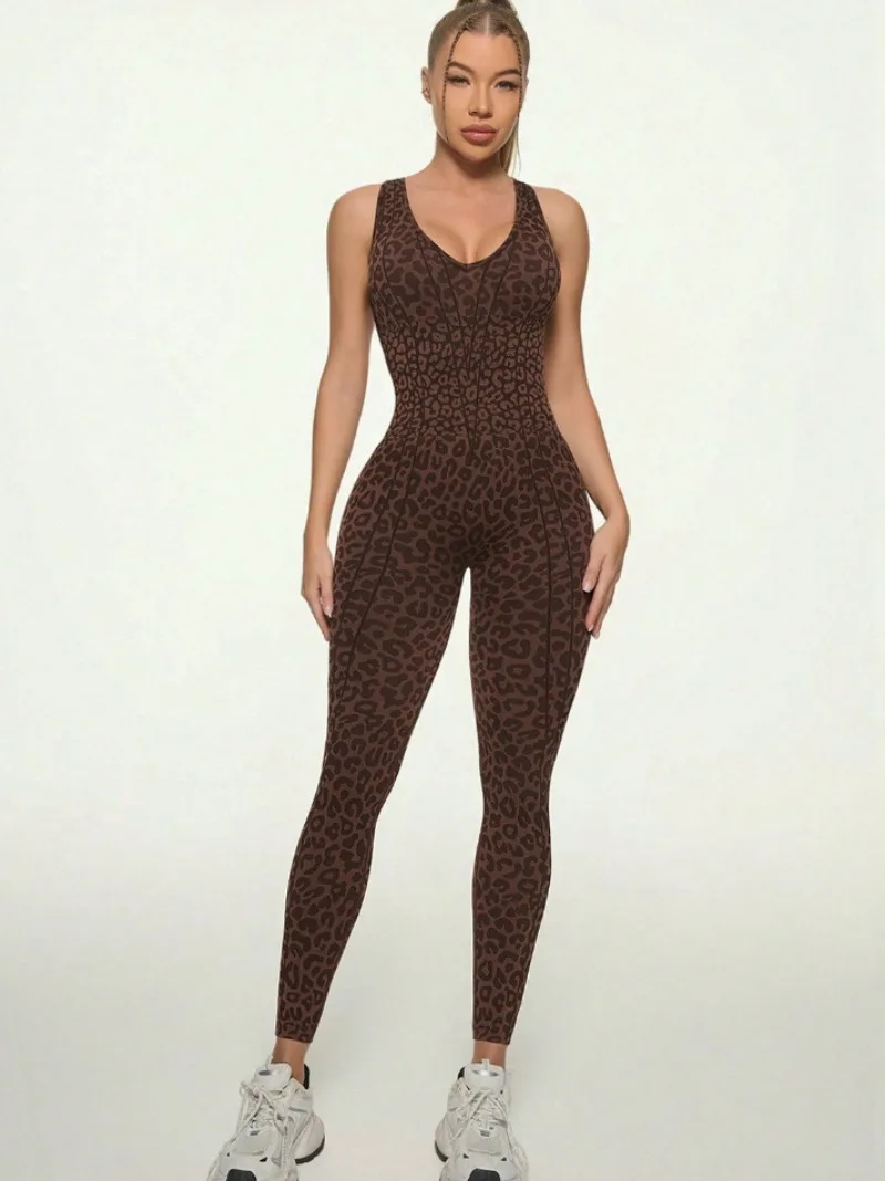 

Woman Clothing Backless Leopard Jumpsuits Sportwear Sleeveless High Waist Tunics Gym Fitness Overalls One Piece Yoga Bodysuits