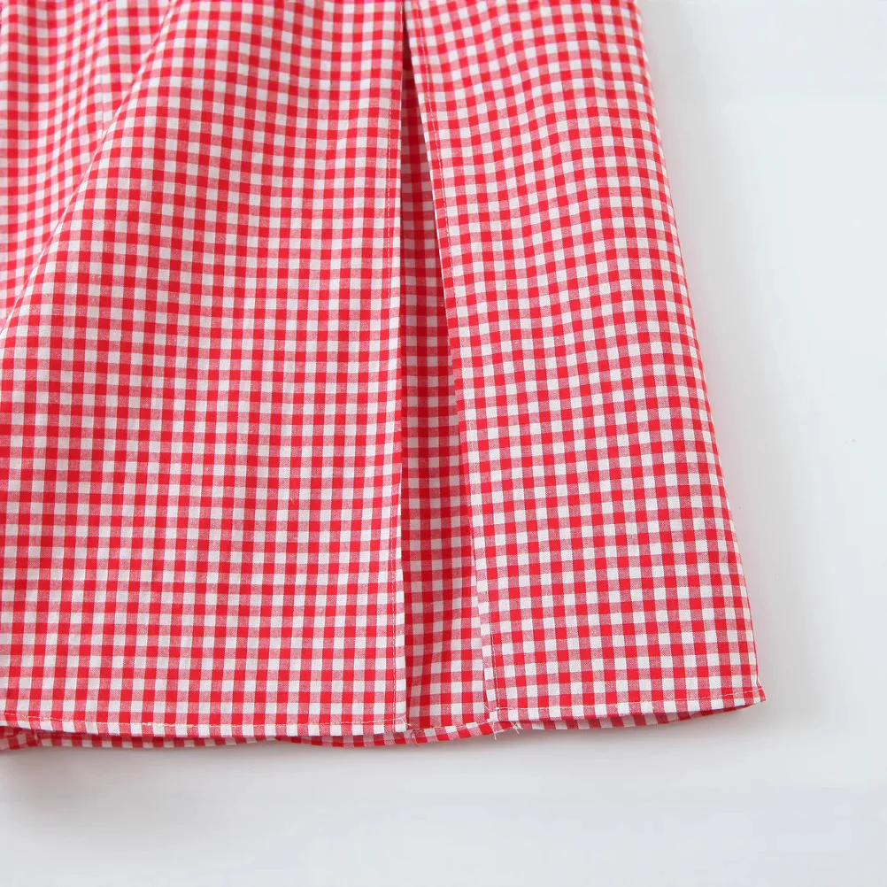 Abito da donna in lino Tala con scollo all'americana e spacco laterale sul retro, senza maniche, a quadri di pomodoro