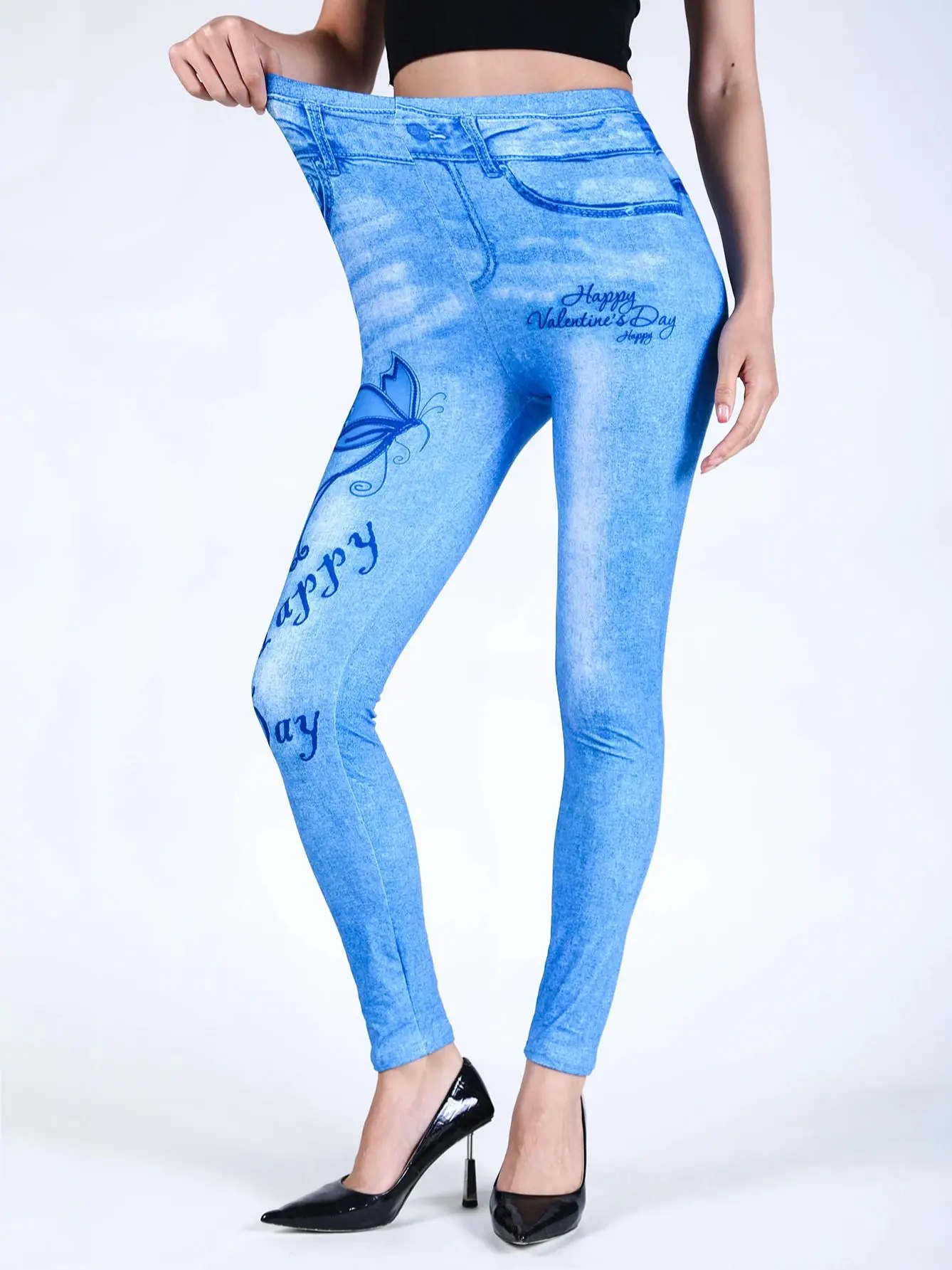 

VISNXGI Brushed Fake Denim Blue Sexy Leggings Women's Vintage High Waist Tight Seamless Printed Butterfly Letter Pencil Pants