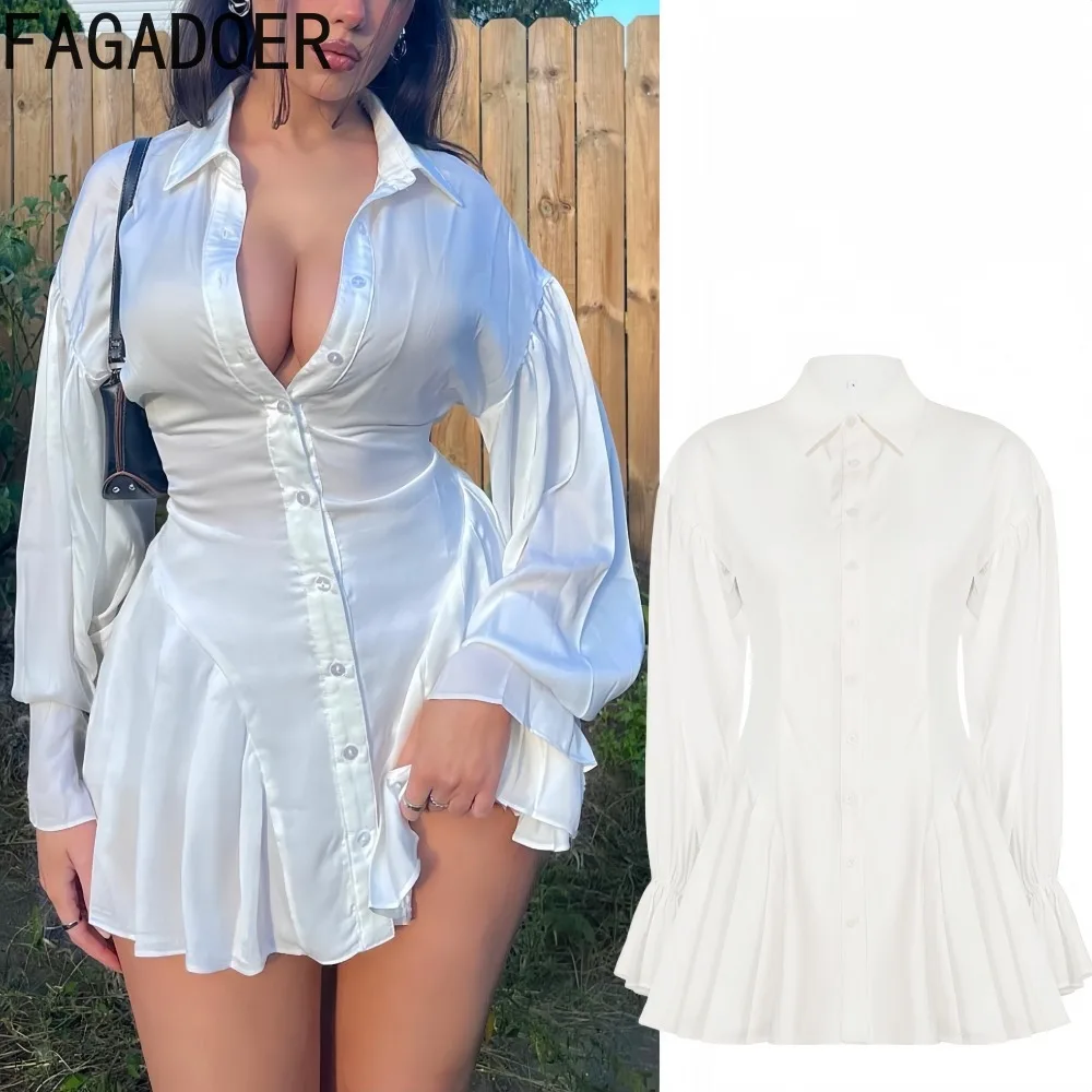 

FAGADOER Autumn New Sexy Bodycon Shirt Dress Women Long Sleeves Single Breasted Mini Pleated Dress Female Streetwear Vestidos