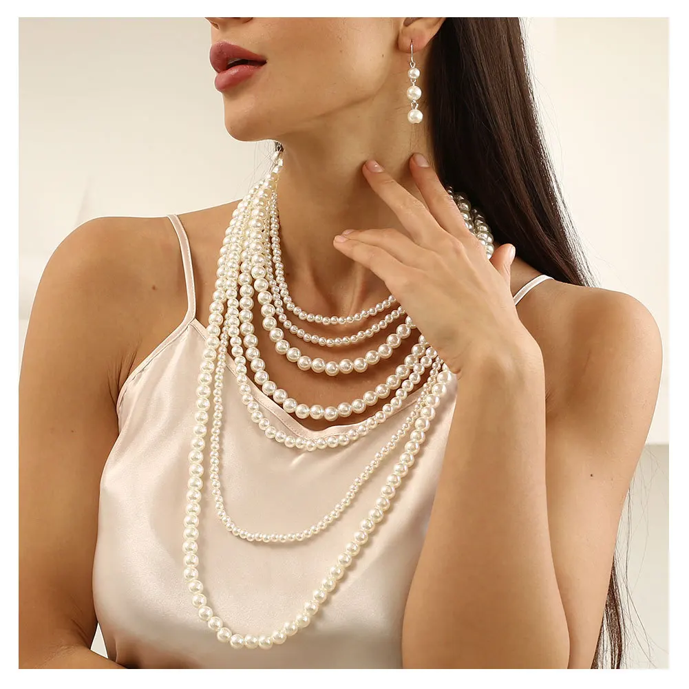 Elegant Imitation Pearl Beads Multilayered Long Necklaces for Women Luxury Milti-layers Beaded Choker Necklace Wedding Jewelry