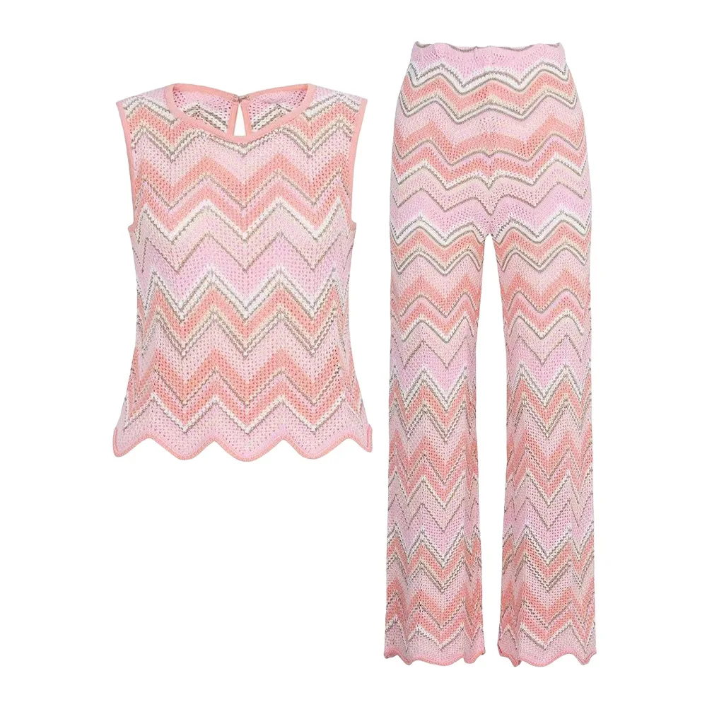 

Women Contrast Color Geometric Stripe Sleeveless Knitted 2025 New Slim Short Vest Top Fashion Pants Sexy Sling Pants Female