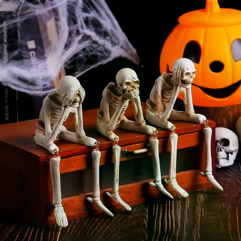 3 Pcs Resin See Hear Speak No Skeleton Figurines With Dangling Legs For Halloween Decor Spooky