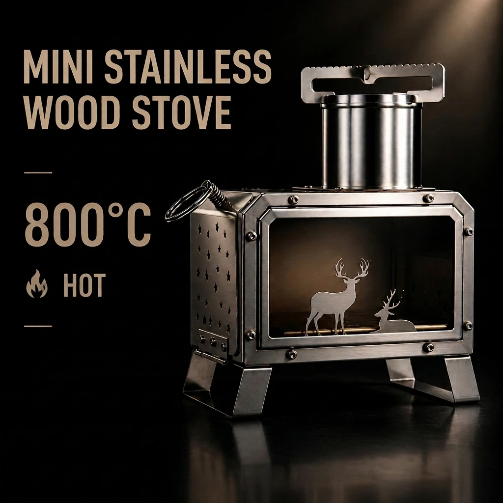 Table Firewood Stove for Outdoor Camping Picnic Portable BBQ Stainless Steel Stove with Glass Side Window 3 Size S M & L