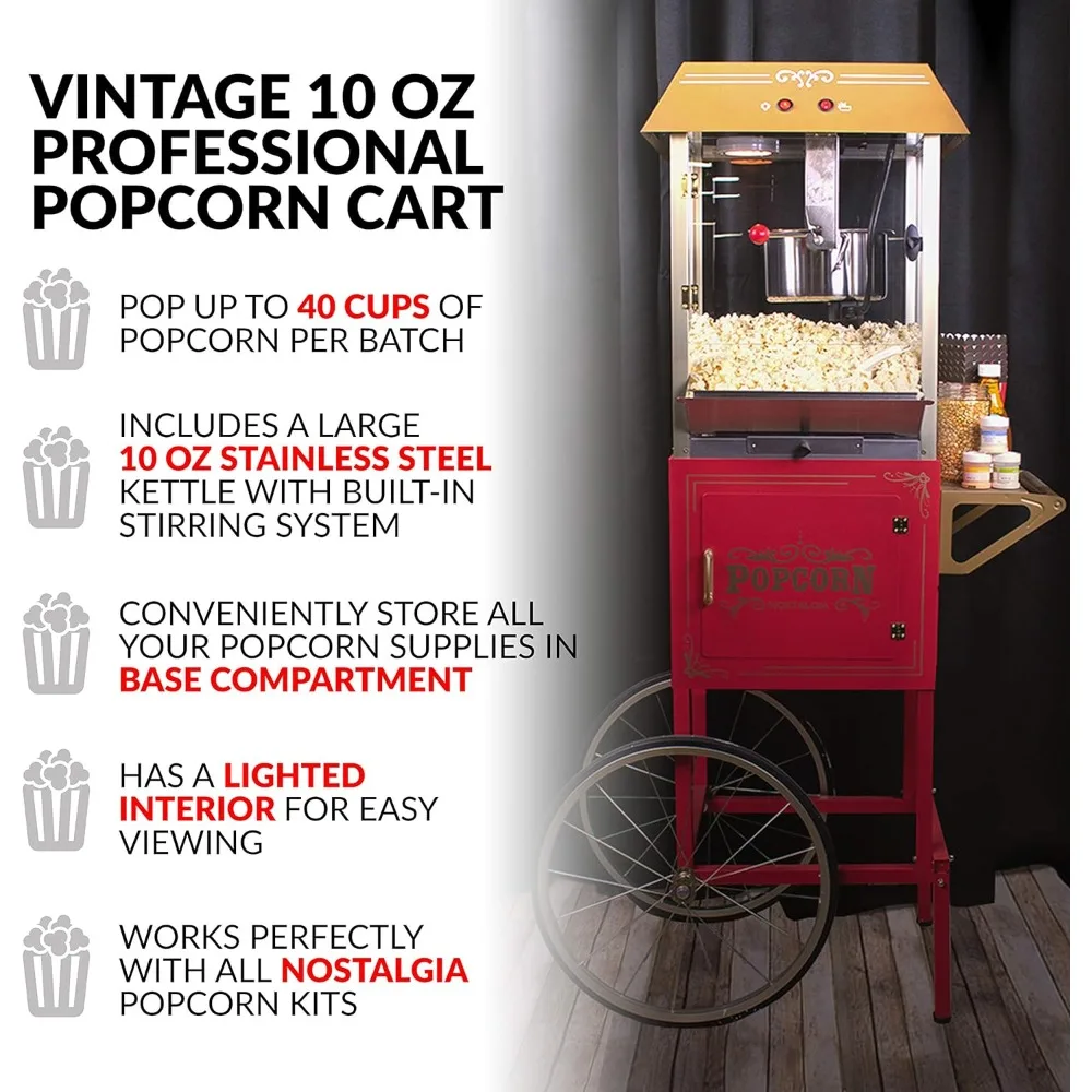 Popcorn Maker Machine, Professional Cart With 10 Oz Kettle Makes Up to 40 Cups, Vintage Popcorn Machine Movie Theater Style, Red