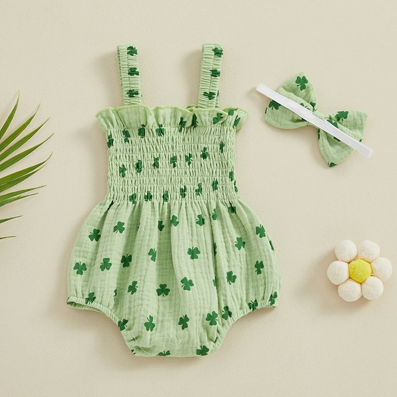 

Toddler Girls Ruffle Sleeve Romper Bodysuit with Matching Headband St Patrick s Day Clover Print Jumpsuit Outfit for Summer