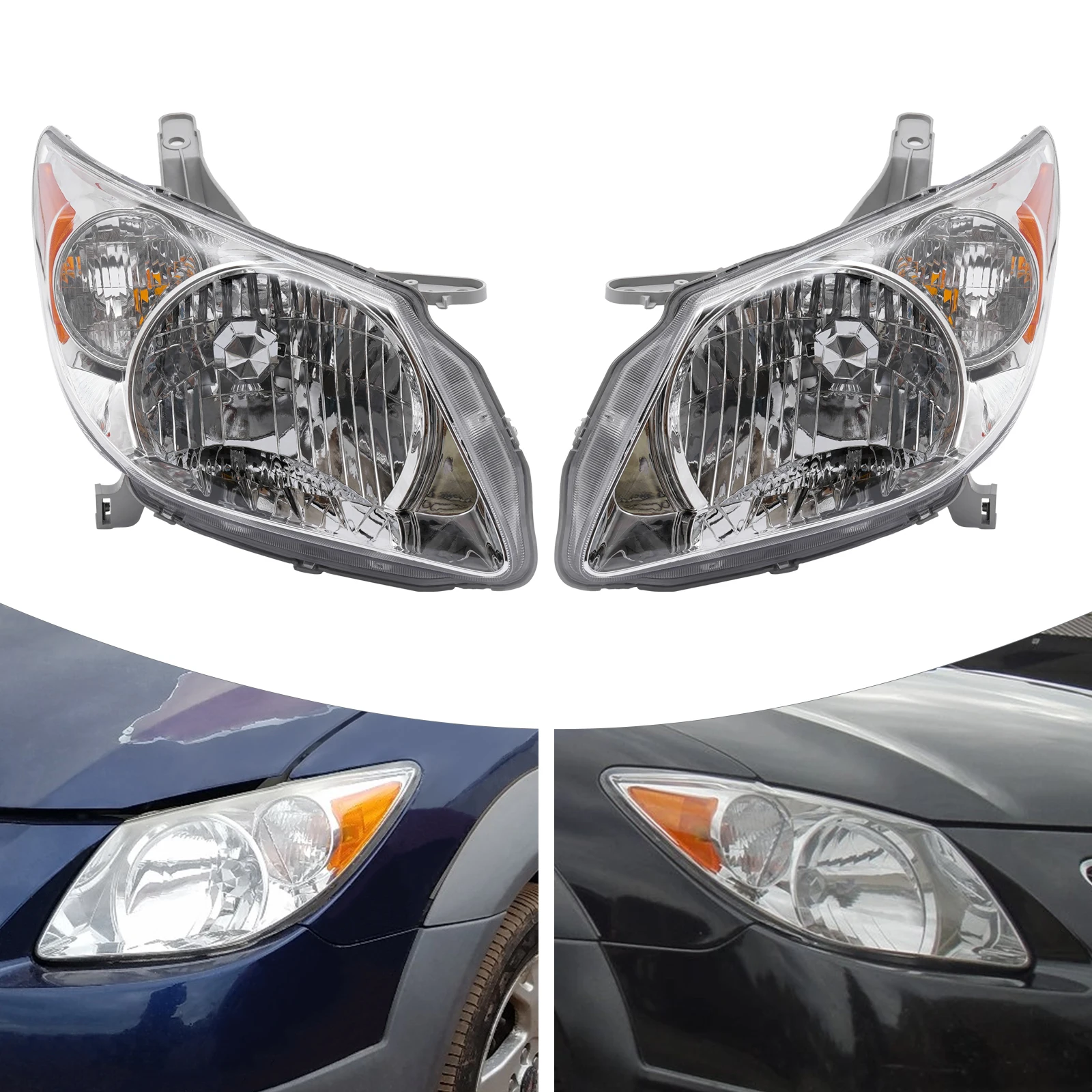 Pair of Left + Right Halogen Headlights Assembly Fits For Pontiac Vibe 2005 2006 2007 2008 LH & RH Pontiac Vibe Wagon Headlamps