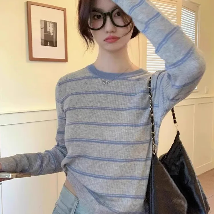Striped Color Block Long Sleeve Knitted T-Shirt Women's Spring Autumn Design Base Layer Shirt round Neck Knitwear Top