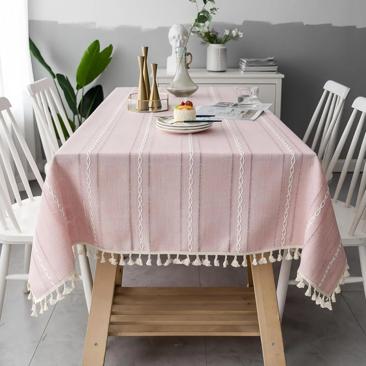 Tassel Tablecloth Pink Cotton Linen Soft Stripe Stain Resistant Dust-Proof Table Cover for Kitchen Dinning Tabletop Decoration