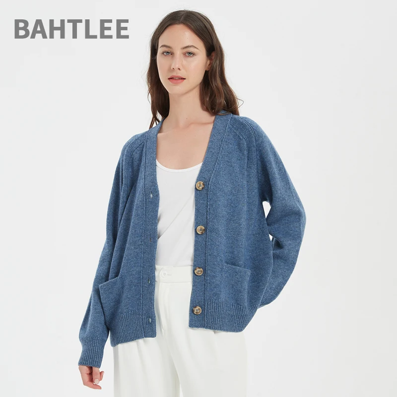 BAHTLEE-Women's V-neck Knitted Cardigan, Wool Coat, Pure Color Sweater, Long Sleeves, Button, Winter