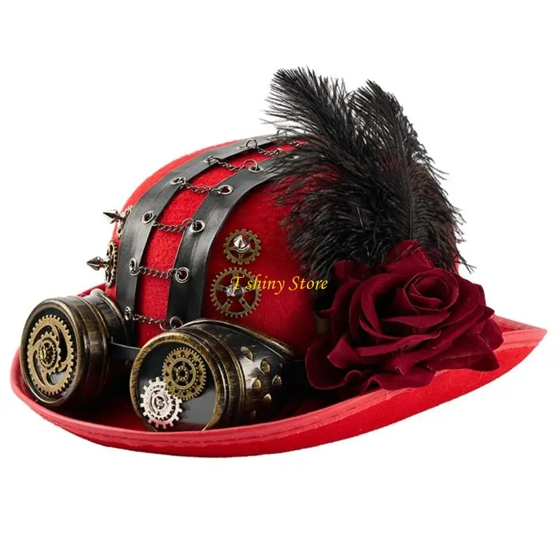 N58F Gothic Costume Hat With Goggles Gear Chain Rose Decors Gothic Headwear Magicians Hat For Cosplay Event Gathering Wear