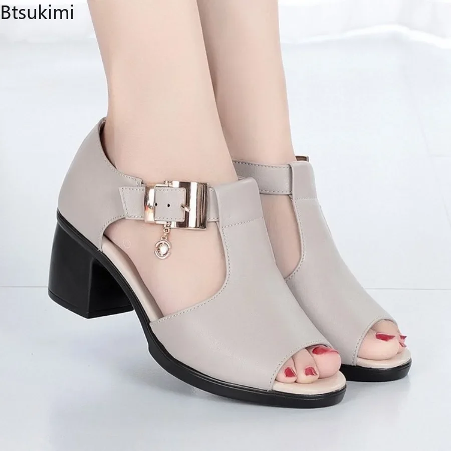2026 Women's Summer Sandals Peep Toe Mom Shoes Thick Heels Female High Heels Metal Buckle Non Slip Ladies Shoes Trend Sandalias