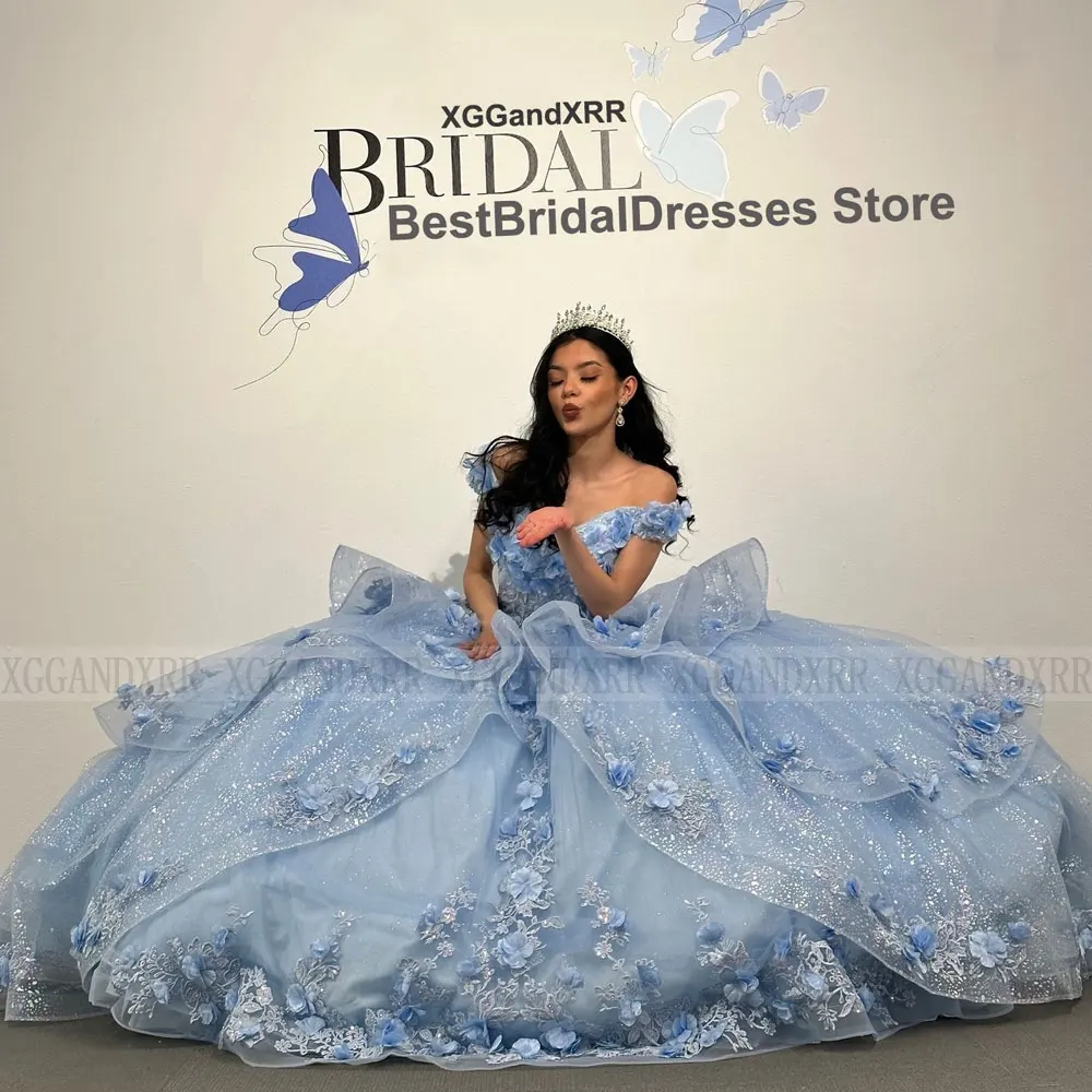 Cinderella Quinceanera Dress 2024 Sparkling 3D Floral Flowers Layers Princess Ball Gown Sweet 15 Vestidos De XV Años Party Gown