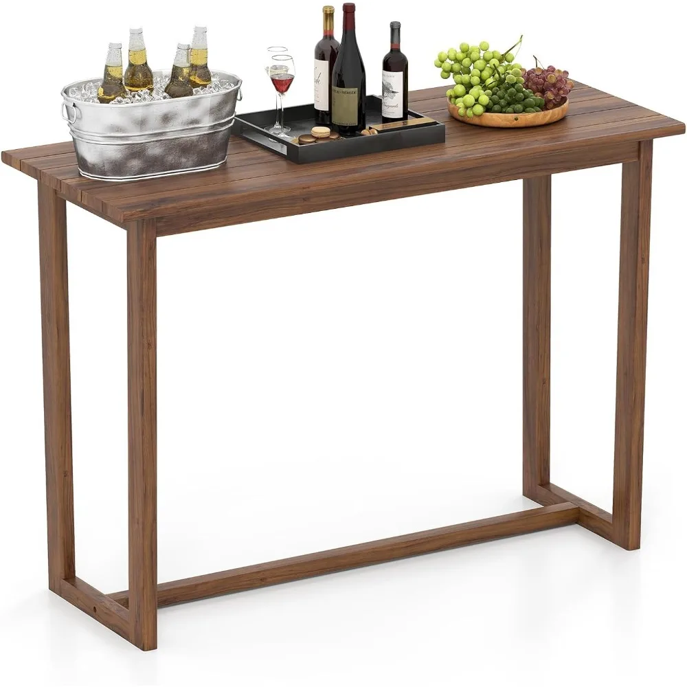 

59 Inch Outdoor Bar Table, Teak Wood Rectangle Patio Bar Height Pub Table with Slatted Top, for Balcony, Garden and Poo