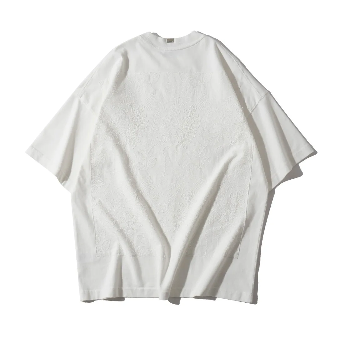 Unisex Oversized White Cotton Tee Back Leaf Embroidery Loose Drop Shoulder Vintage Casual Street Short Sleeve Tops