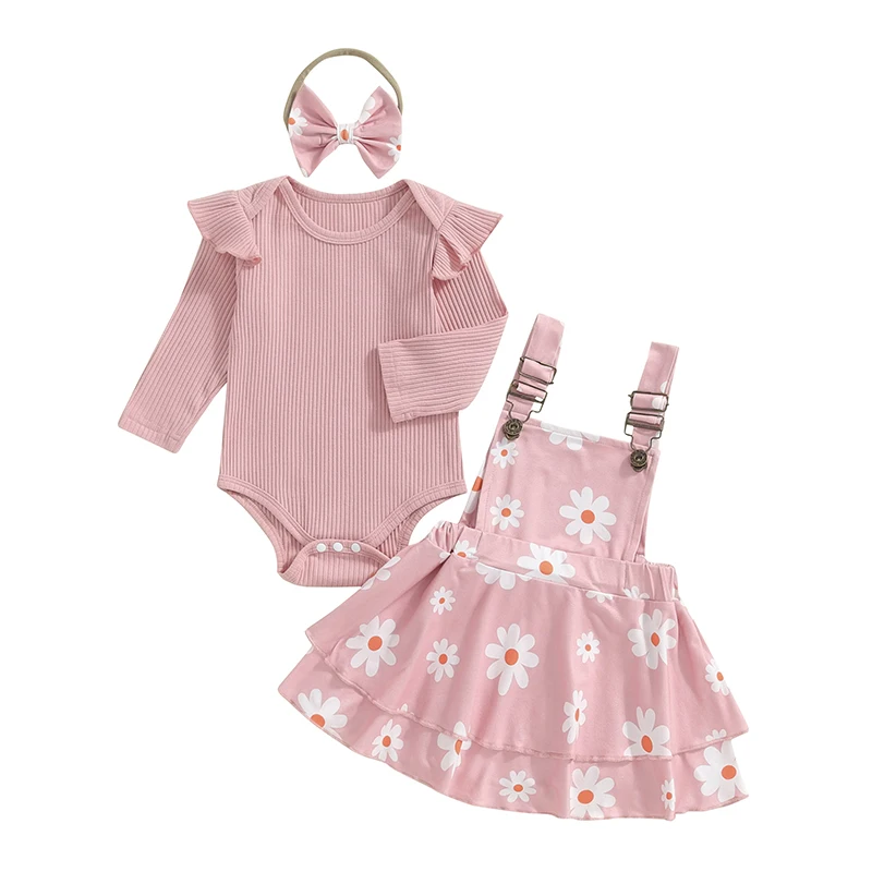 

Honganda Newborn Baby Girl 3Pcs Clothing Set Long Sleeve Romper Floral Suspender Skirt with Headband Infant Outfit