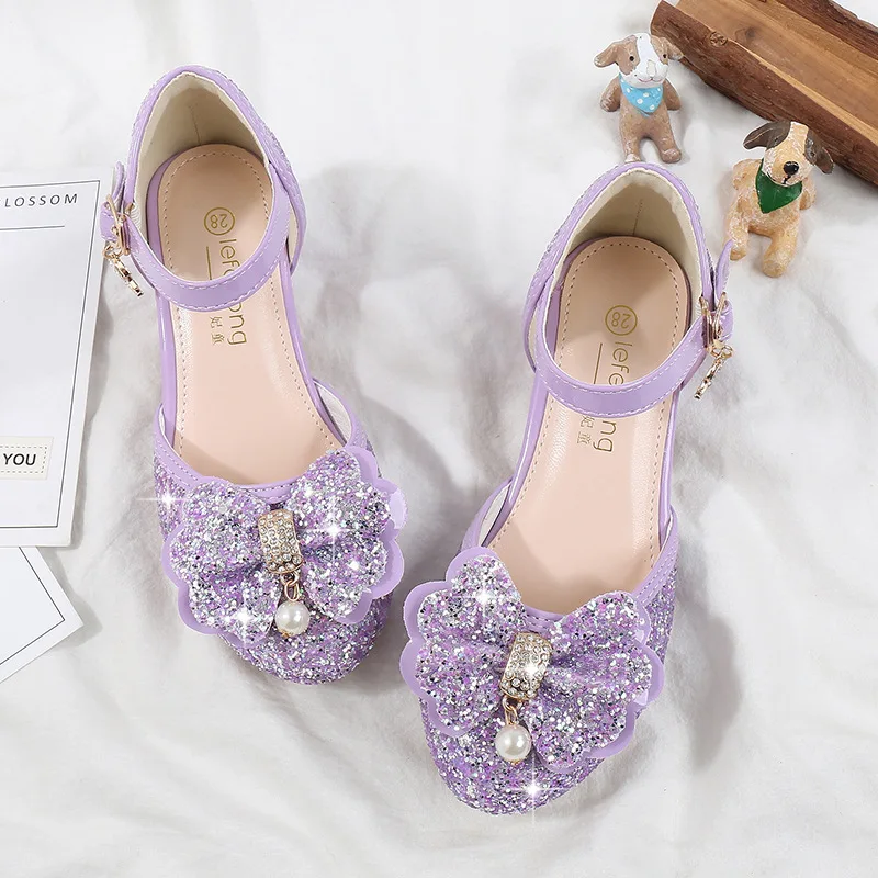 Classic Bow Princess Shoes for Girls Kids Casual Golden Pink Blue Glitter Pageant Party Dance Shoes Child Evening Heels Shoes