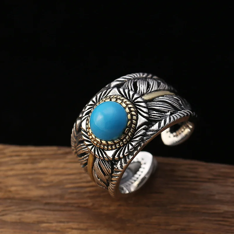 sterling silver retro distressed open ring for men and women thai silver japanese and korean personalized inlaid feather ring