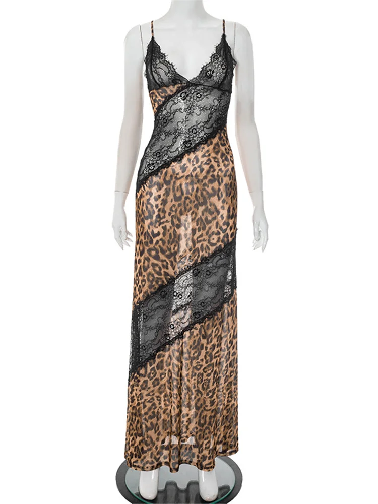 Simenual Hot Rave Patchwork di pizzo Stampa leopardata Cinghie Abito lungo Donne sexy Clubwear Abito da festa sottile Y2K Abiti con scollo a V trasparenti