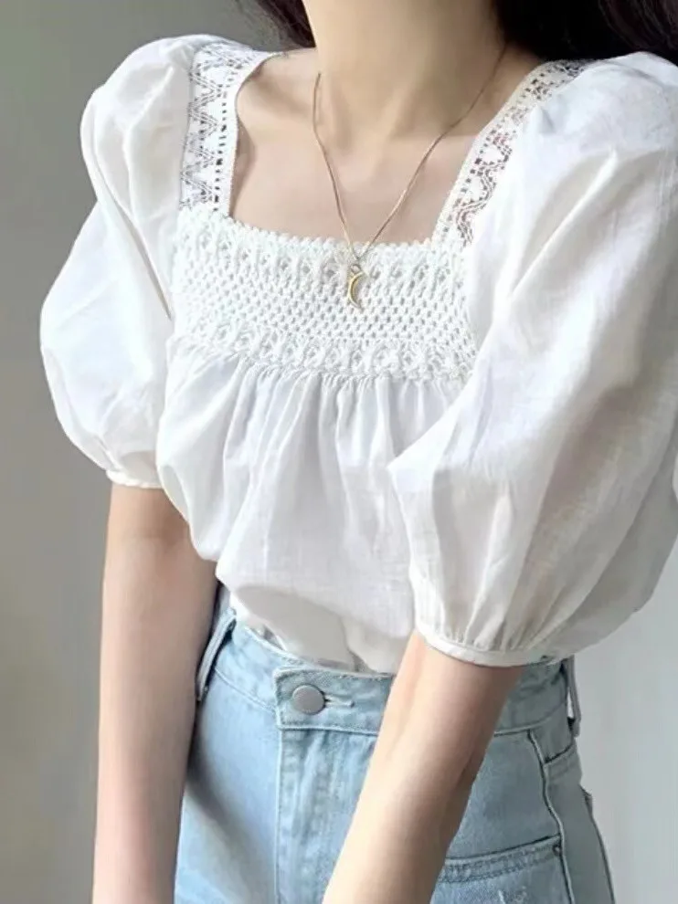 Chic Summer Salt Series Anti-Aging Lace Hollow out Square Collar Bubble Short Sleeve Loose Doll Shirt Women Korean Style Loos...