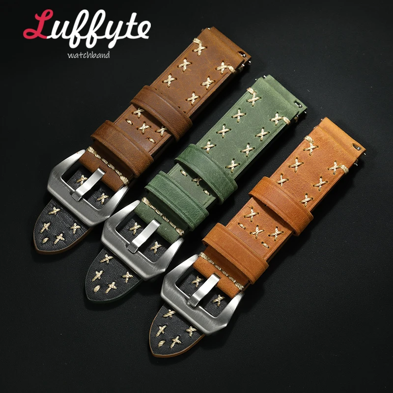 Premium Crazy Horse Leather Watch Strap Men 20mm 22mm 24mm Thick Handmade Stitched Band Quick Release Bracelet Replacement Parts
