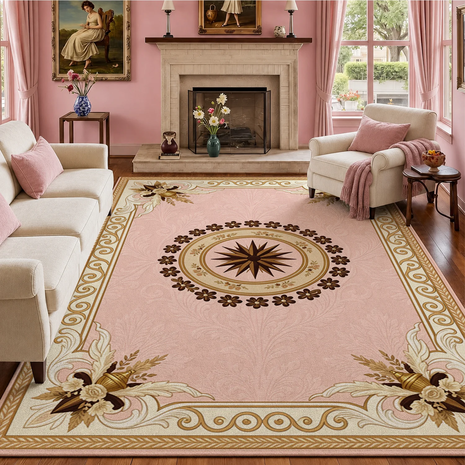 Ornate Pink Gold Floral Medallion Velvet Area Rug, Machine Washable Decorative Floor Rug for Living Room, Bedroom, Dining Room, Entryway, Ideal for Halloween, Thanksgiving, Christmas, New Year, Black Friday, Cyber Monday Home Decor