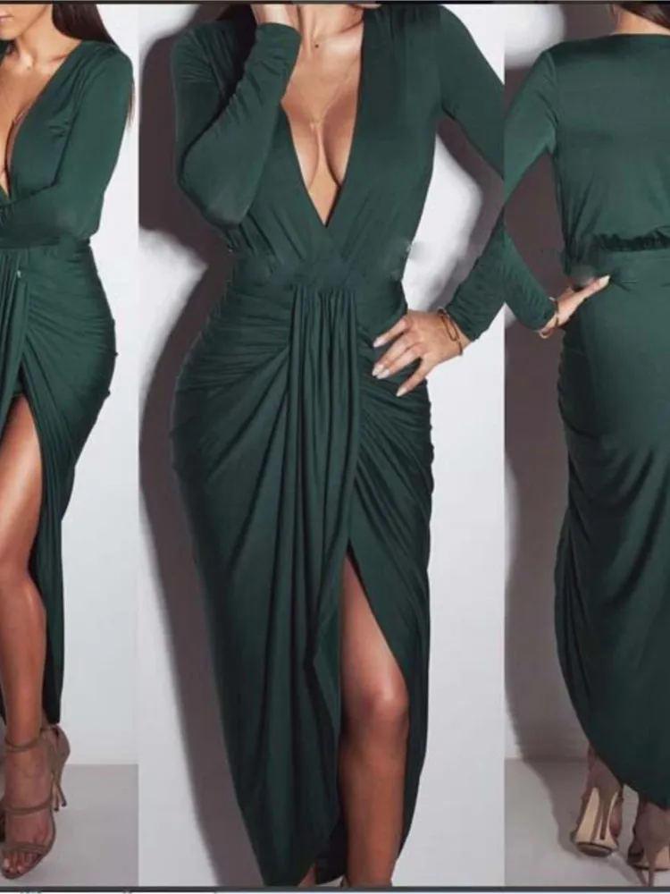 

Women's Long Sleeve Bow Deep V Neck Slim Fit Midi Dress 2026 Spring Birthday Holiday Party Fashion Long Sleeve Vestidos Females